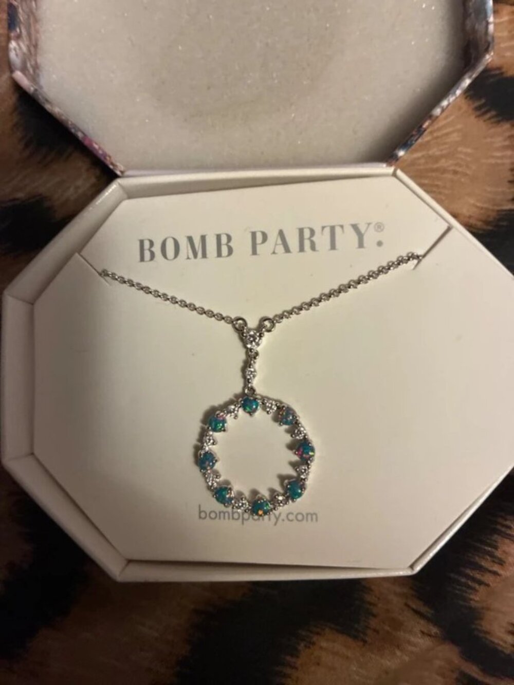 Bomb Party Silver Necklace with Blue-Green Crystal Circle Pendant